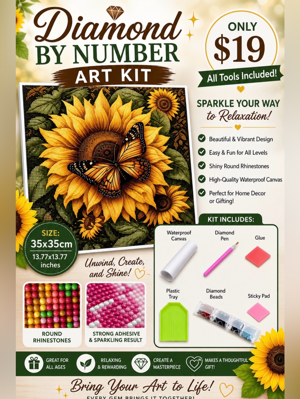 Diamond By Number Art Kit - Sunflower and Butterfly 13.77”x13.77”, tools include